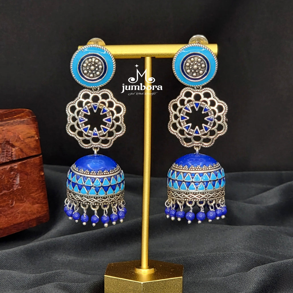 Amrapali Inspired Long Blue Handpainted German Silver Jhumka Earring