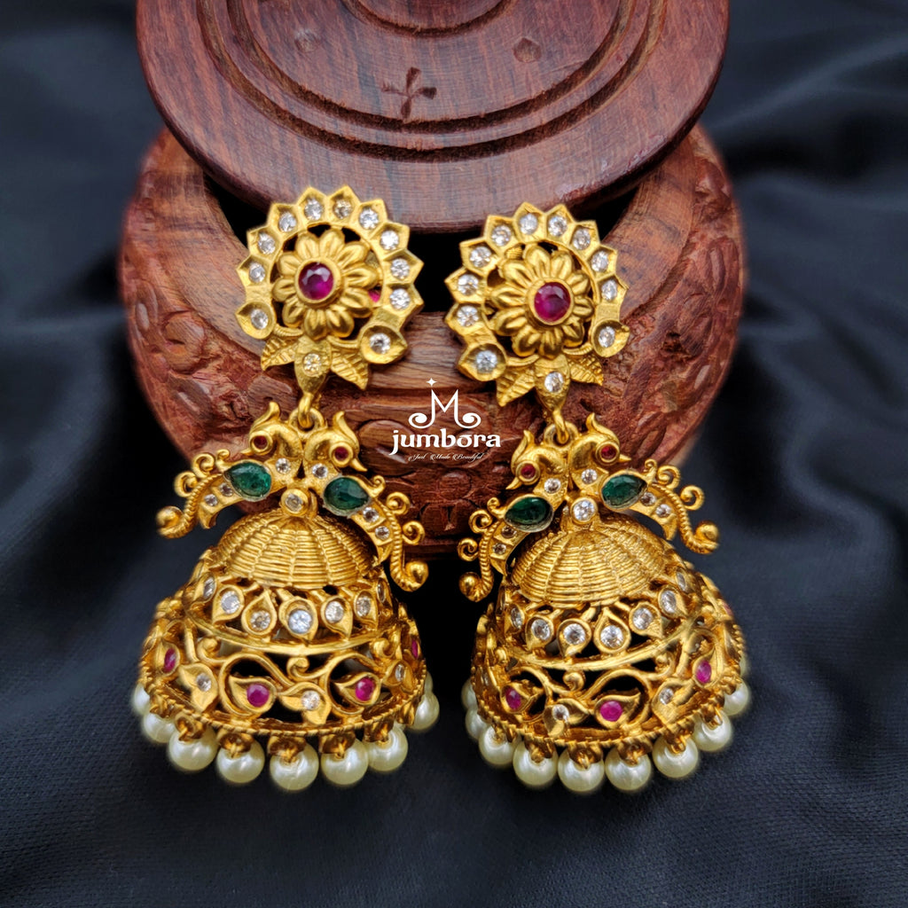 Antique Gold Matte Peacock Kemp Jhumka Earring