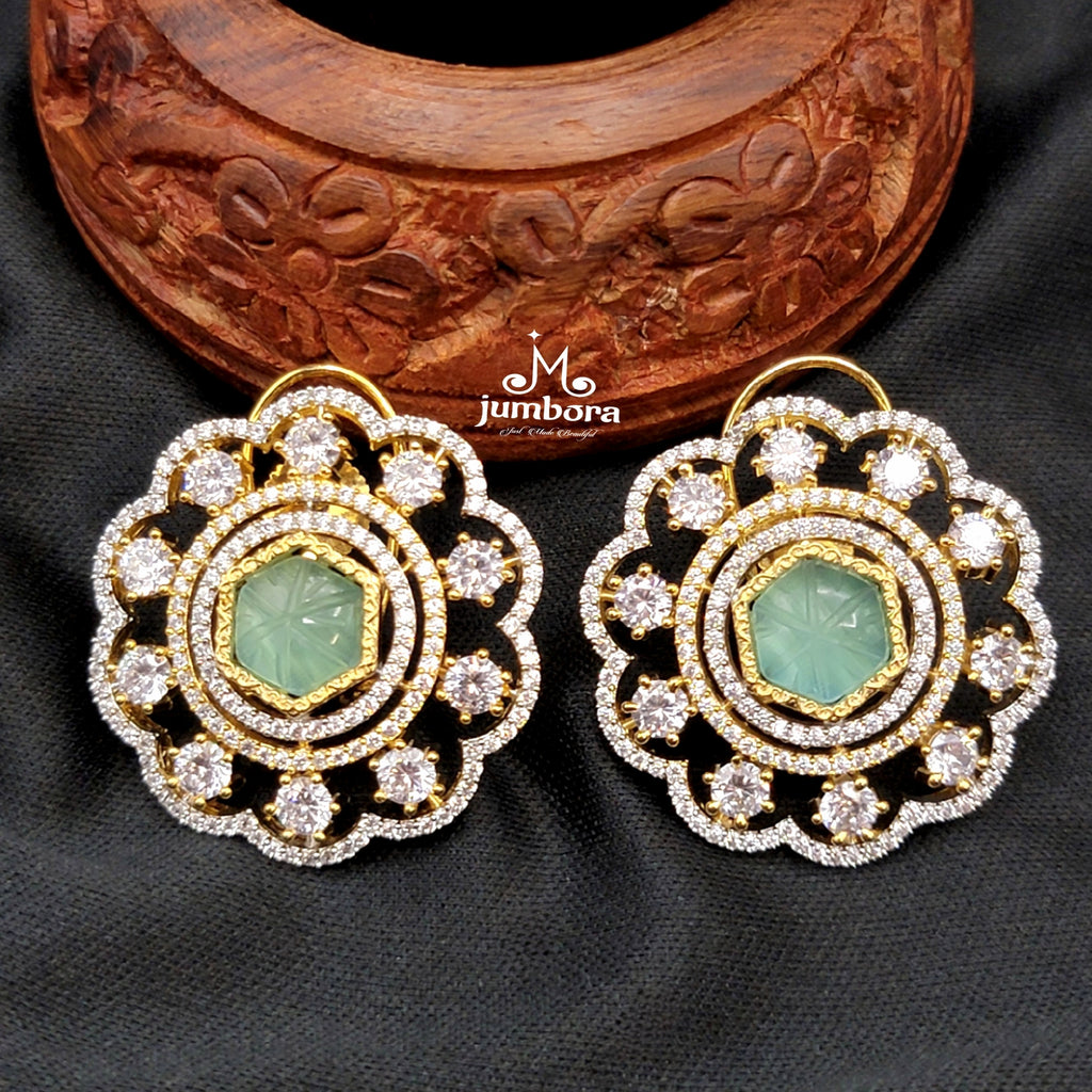 Mint Green Carved Stone AD Zircon Big Stud Earring
