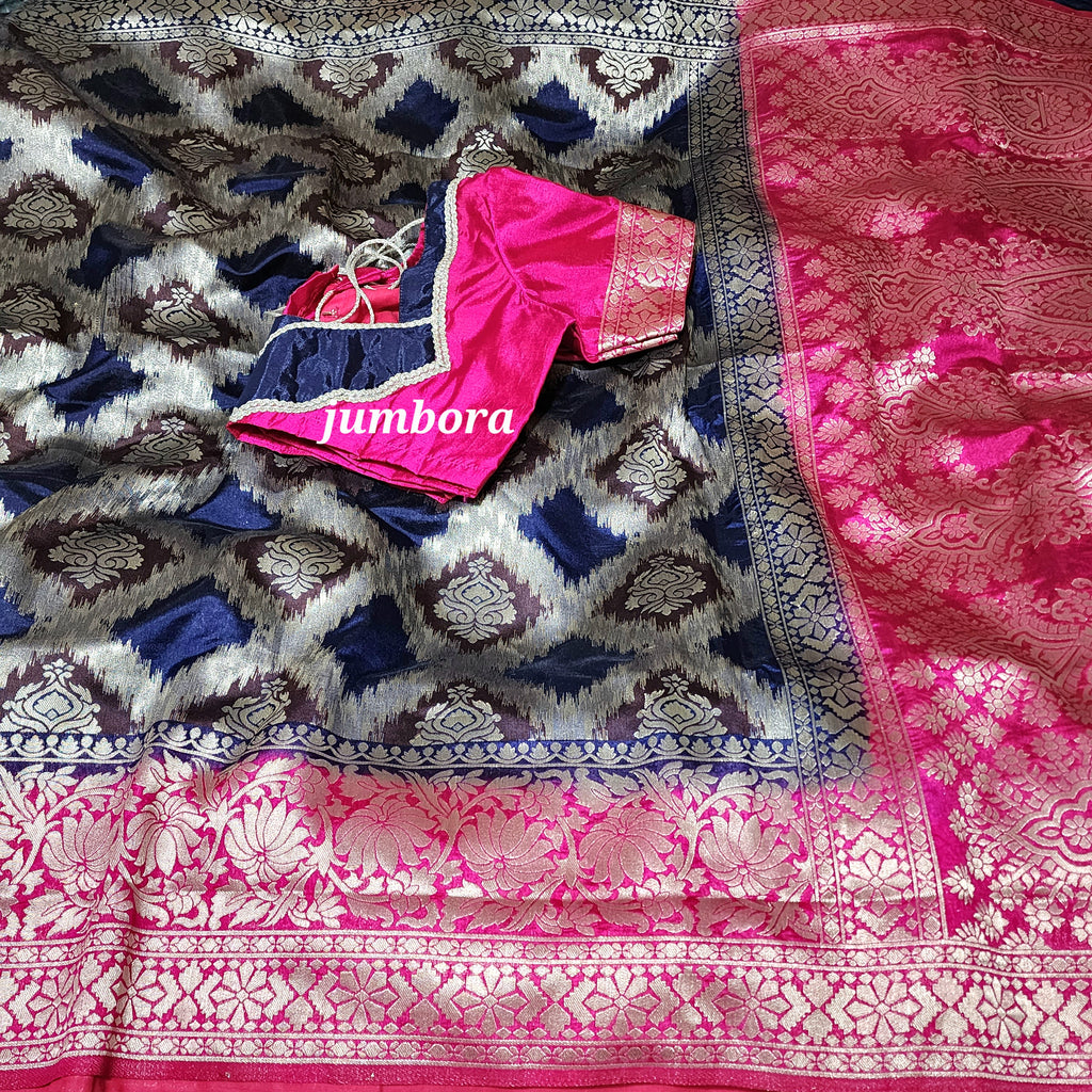 Navy Blue & Pink Banarasi Jute silk saree with stitched blouse