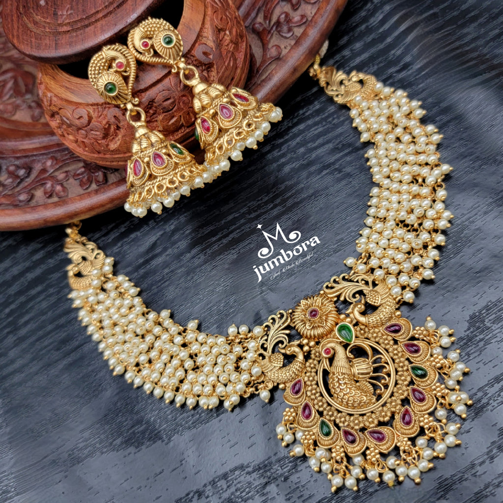 Statement Peacock Thick Cluster Pearl Kempu Necklace Set