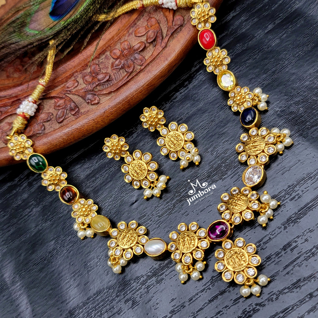Navaratna AD Zircon Ram Parivar Necklace Temple Jewelry Set