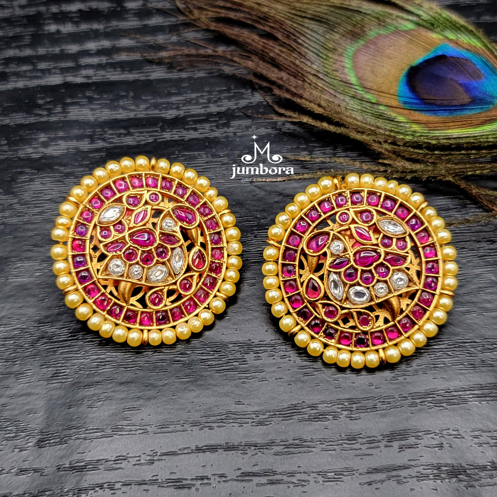 Peacock Matte Gold Red Big Stud Real Kemp Earring