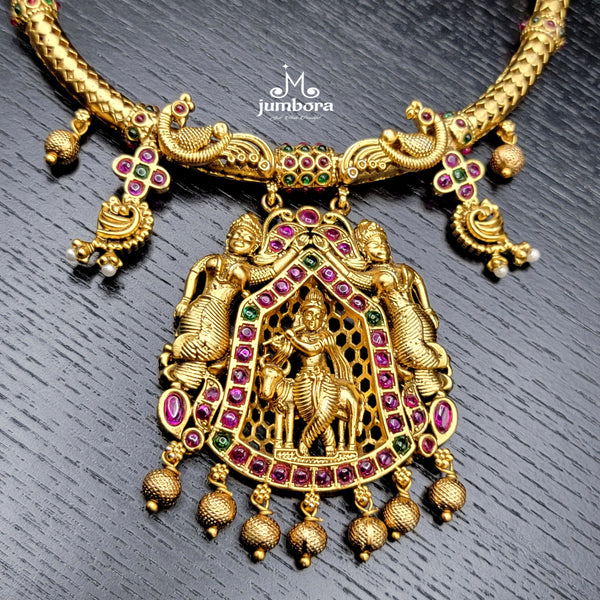 Brass Naakshi Peacock Kante Hasili Krishna Necklace Set
