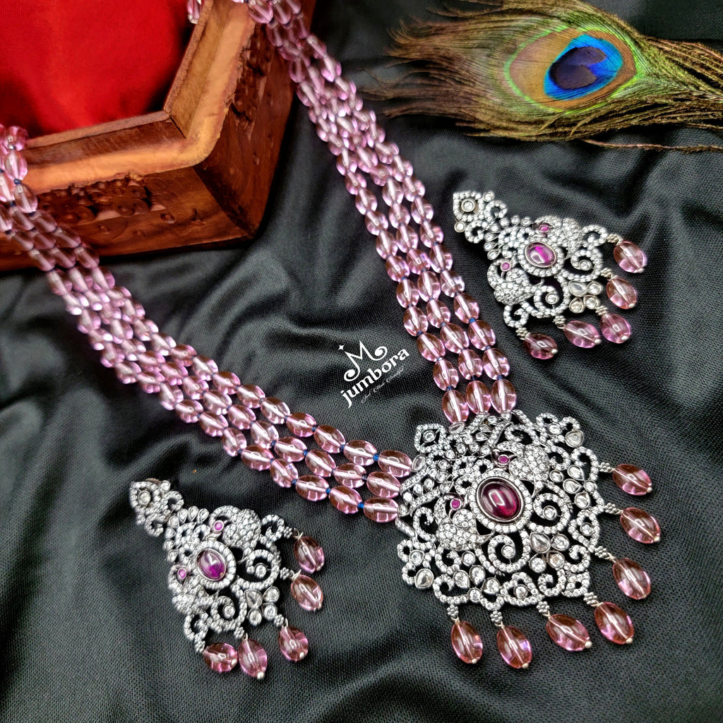 Long Victorian AD Zircon Pendant Pink Monalisa Beads Necklace Set