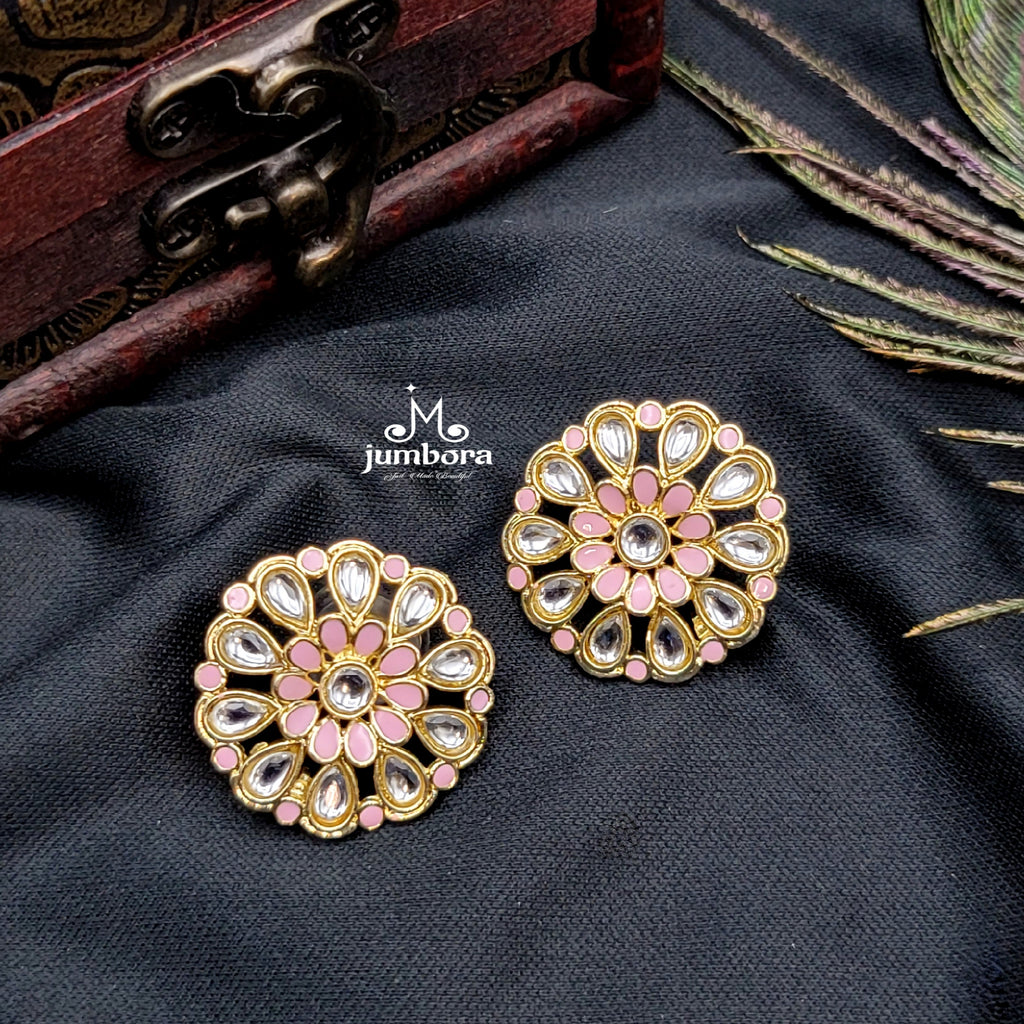 Pink Kundan Meenakari Small Stud