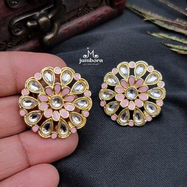 Pink Kundan Meenakari Small Stud