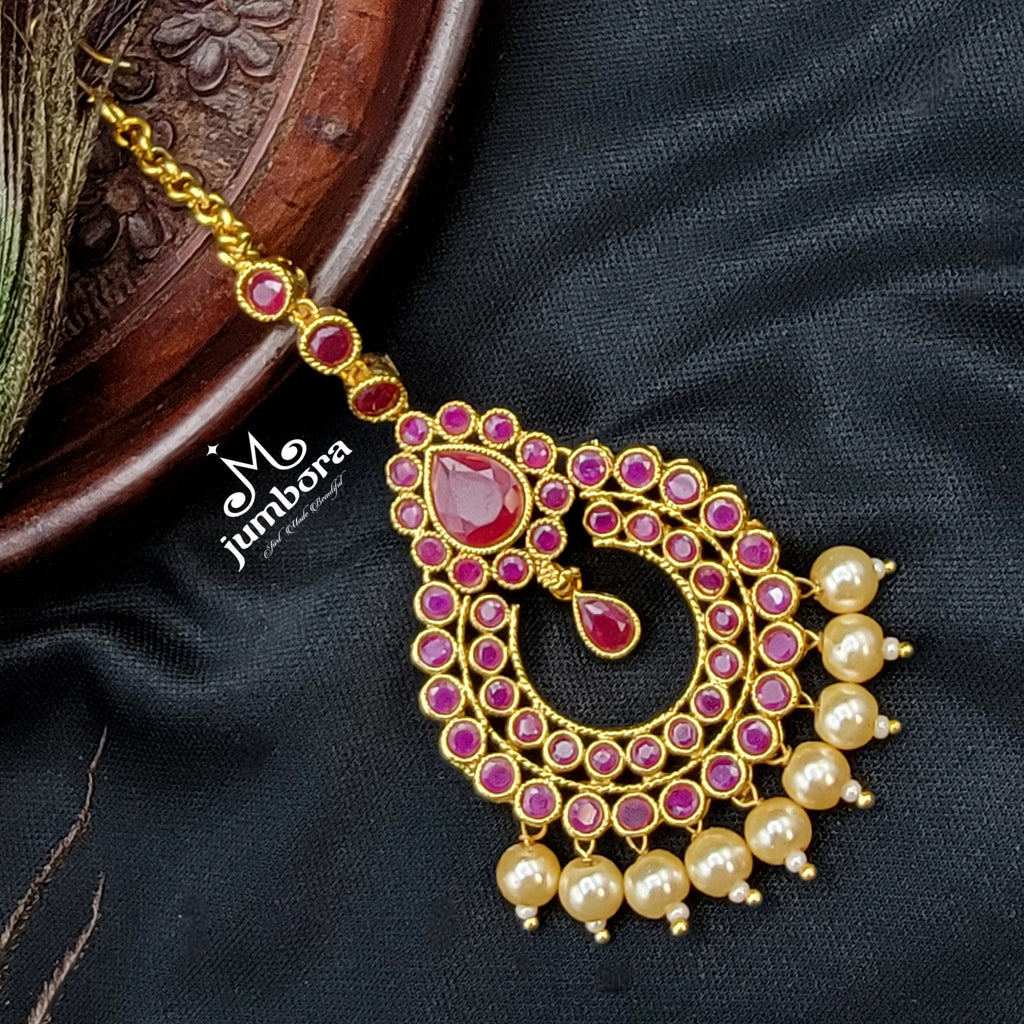 Bridal Red AD Zircon (CZ) Maang Tikka with Gold Dangles