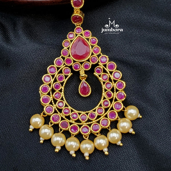 Bridal Red AD Zircon (CZ) Maang Tikka with Gold Dangles