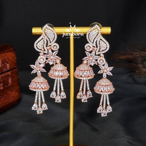 Contemporary Long Jhumka Style White & Rose Gold AD Zircon (CZ) Earring
