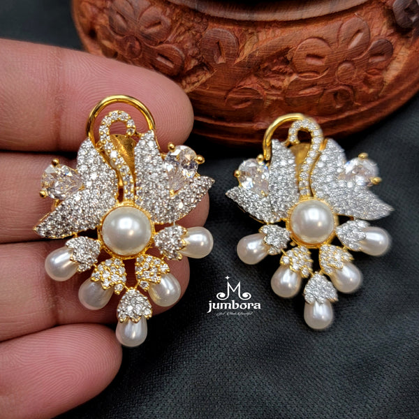 Partywear Designer Floral Pearl &  White AD Zircon Earrings