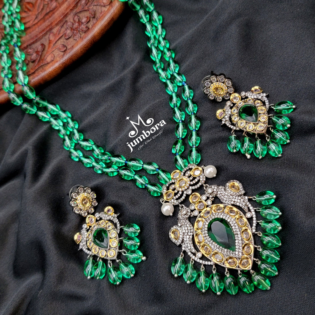 Long Moissanite & AD Zircon Victorian Parrot Pendant Green Monalisa Beads Necklace Set