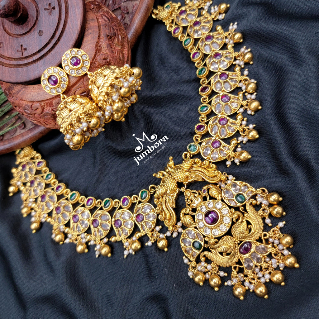 Peacock Nakshi Kemp Lakshmi Necklace in Temple Jewelry