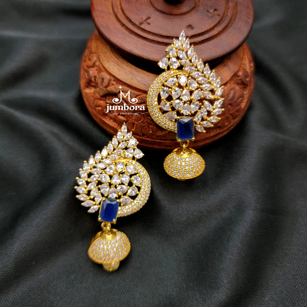 White & Sapphire Blue AD Zircon (CZ) Jhumka Earring