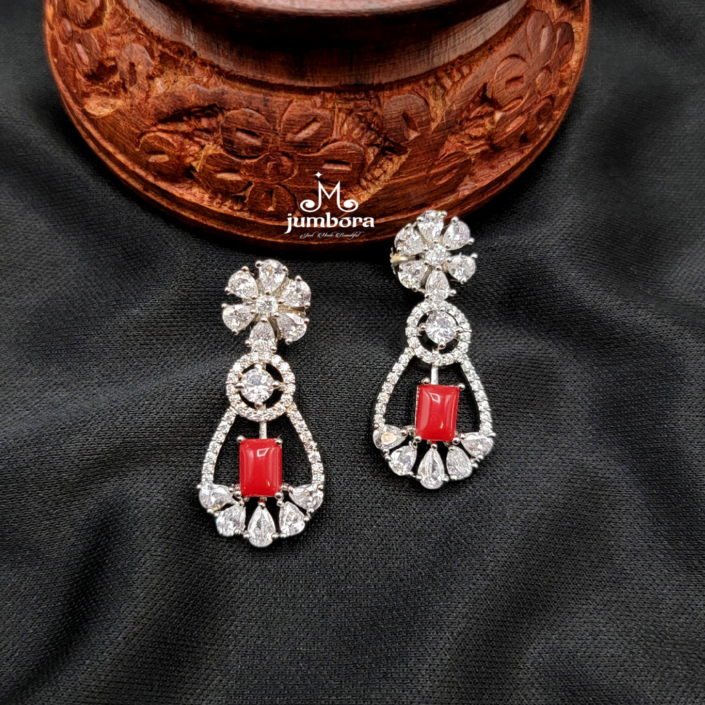 White Gold Coral Red & White AD Zircon(CZ) Earring