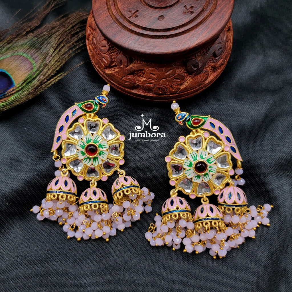 Pink Kundan Bird Meenakari Jhumka Earring