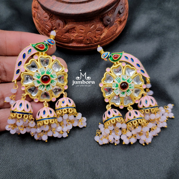 Pink Kundan Bird Meenakari Jhumka Earring