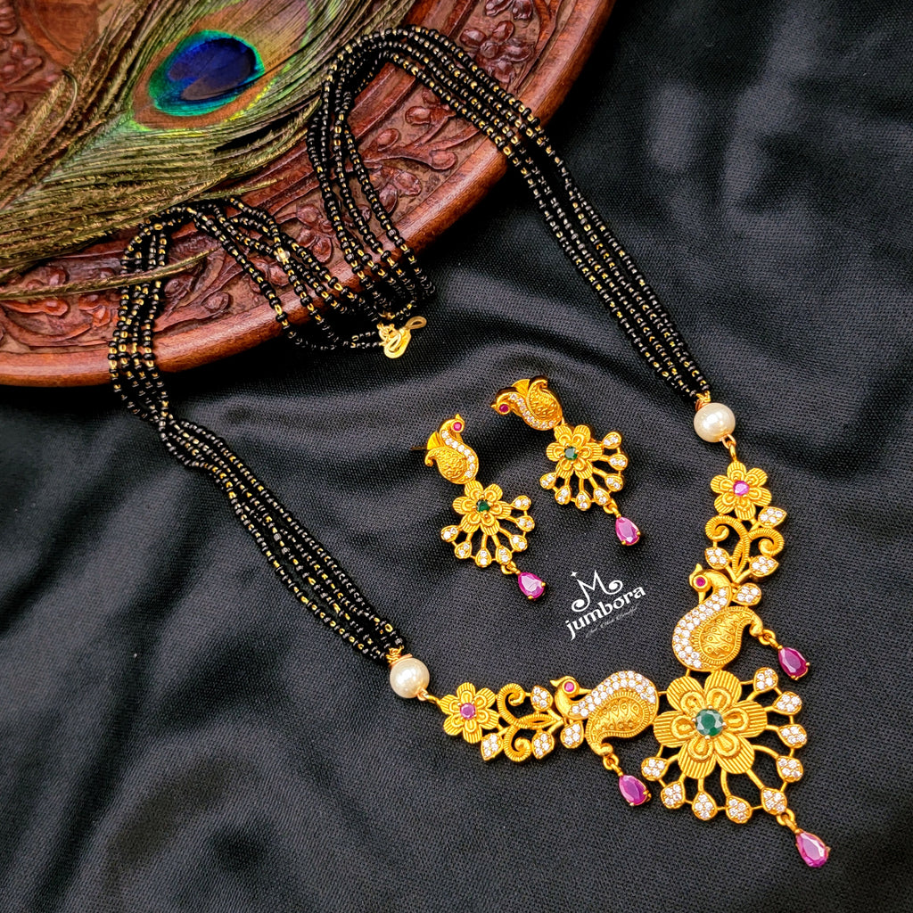 Black Mangalsutra Beads with Matte Gold Peacock Pendant set