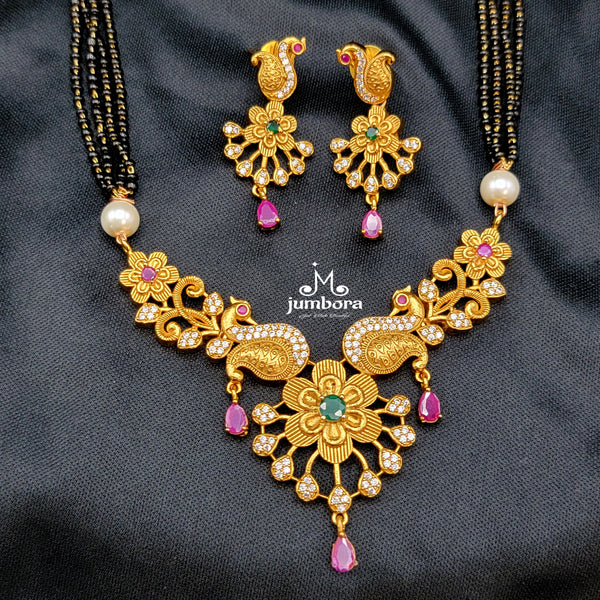 Black Mangalsutra Beads with Matte Gold Peacock Pendant set