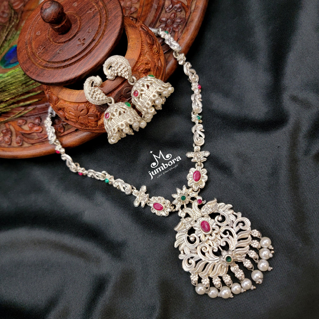 Peacock Oxidized Silver Necklace Set