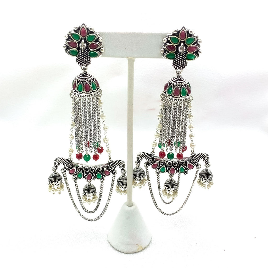 Trendy Long Oxidized Silver Designer Earring with Red and Green stones and jhumka