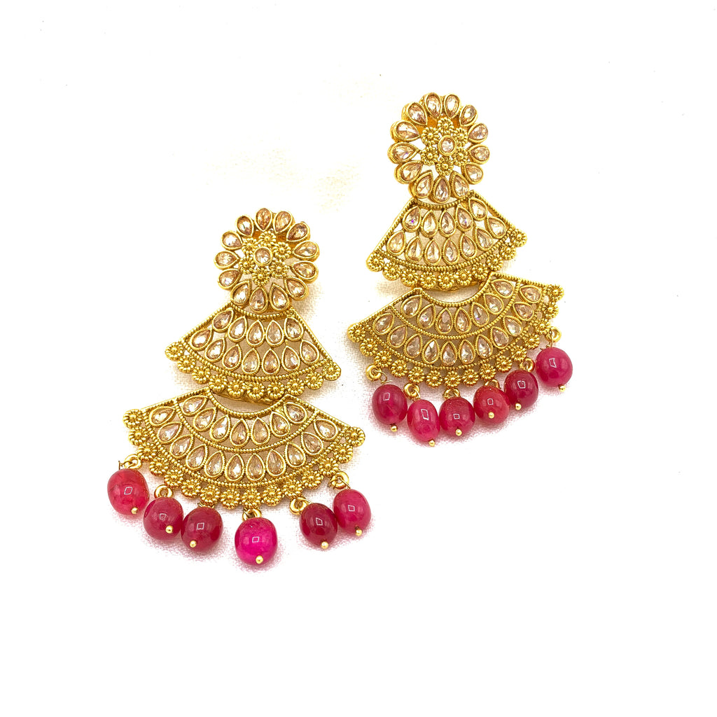 Bold and Beautiful Long Antique Earring with Champagne stones and Ruby beads