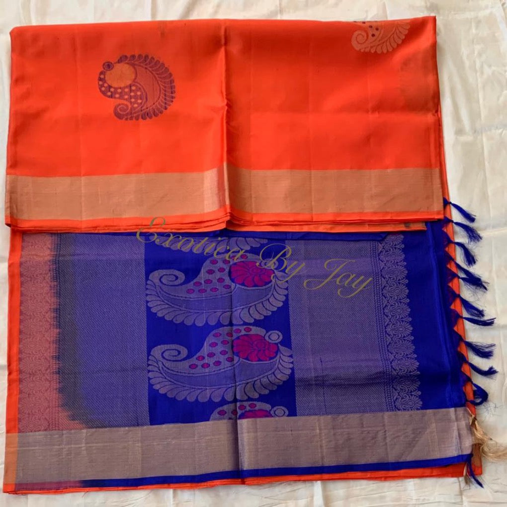 Kanchipuram Orange Pure Soft Silk Handloom Saree