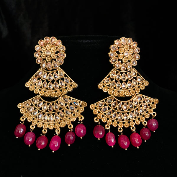 Bold and Beautiful Long Antique Earring with Champagne stones and Ruby beads
