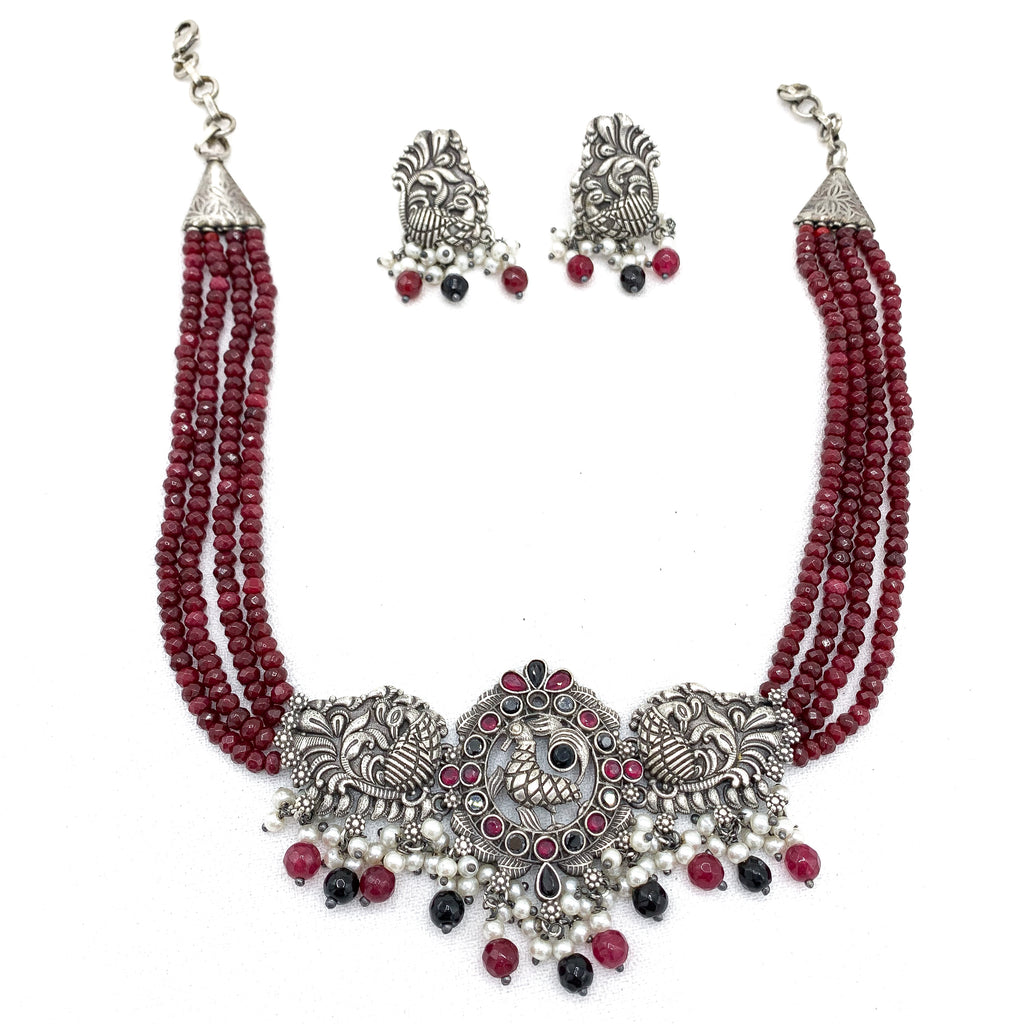 Enchanting Ruby beads Oxidized Silver Necklace with Peacock Pendant