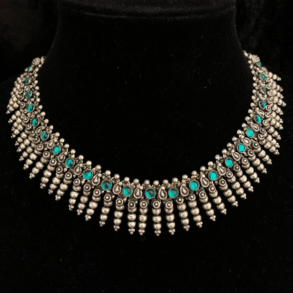 Fashionable Chic Oxidized silver Necklace with Green stones