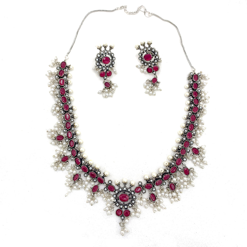 Smashing Oxidized Silver Necklace with Ruby Red and Cluster Pearls
