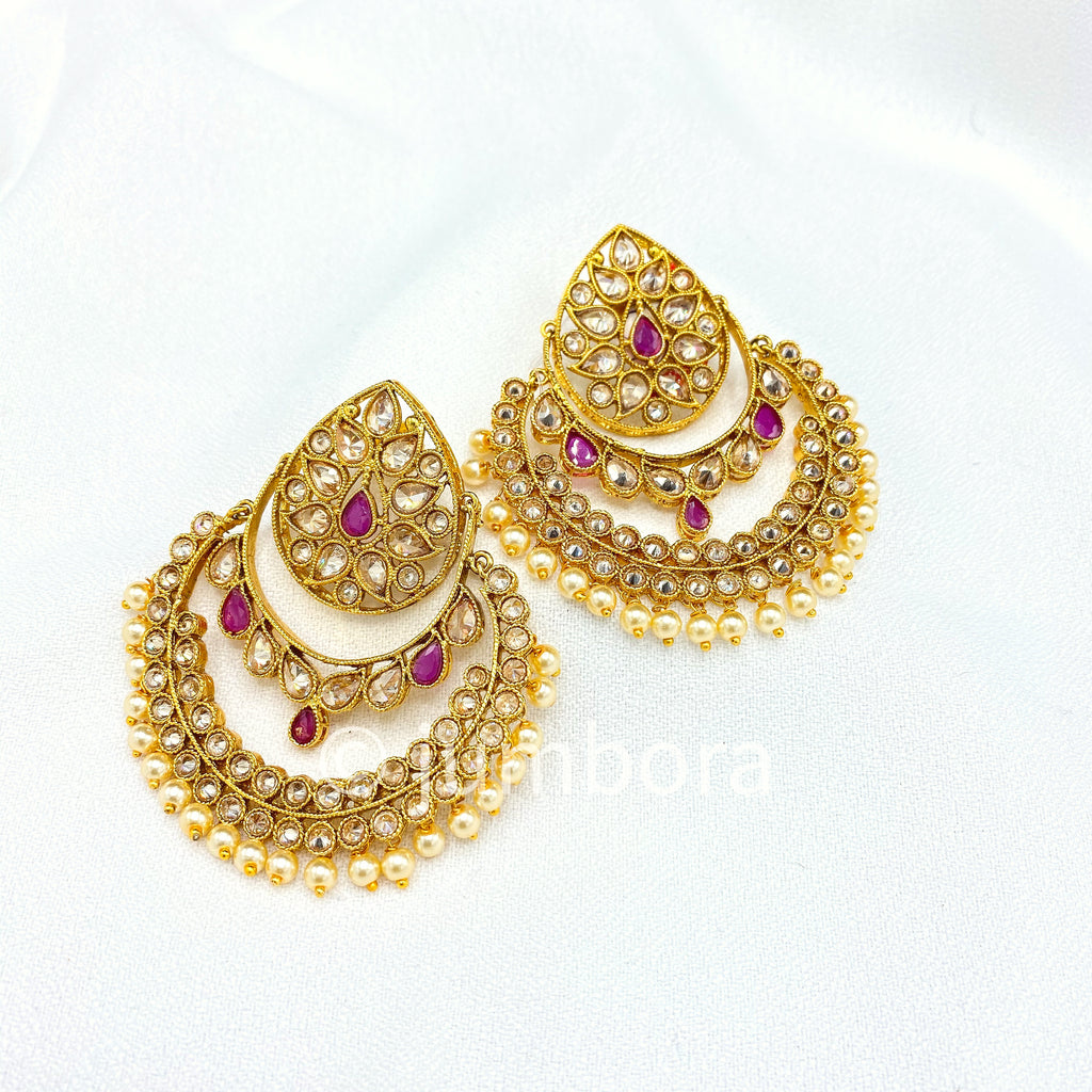 Chaandbali Antique Gold Earrings with Champagne color CZ stones