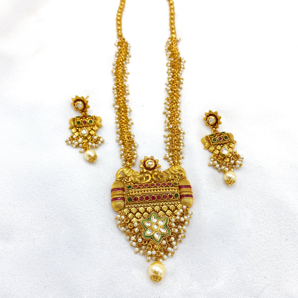 Glamorous Long Antique Necklace with Kundan and Pearls