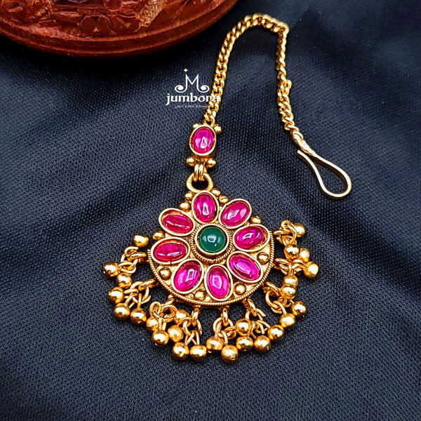 Bridal Kemp (Kempu) Maang Tikka with Gold Dangles