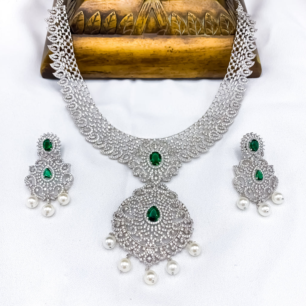 Breathtaking Bridal Zircon (CZ) Stone Necklace set in Diamond Finish with Emerald Green CZ stone