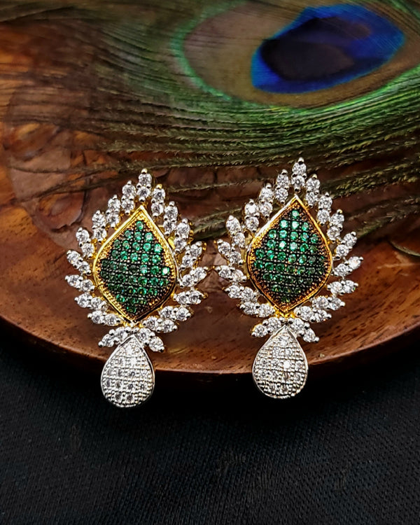 Emerald Green & White CZ American Diamond (AD) Zircon Stone Pendant Set With Matching Earrings 