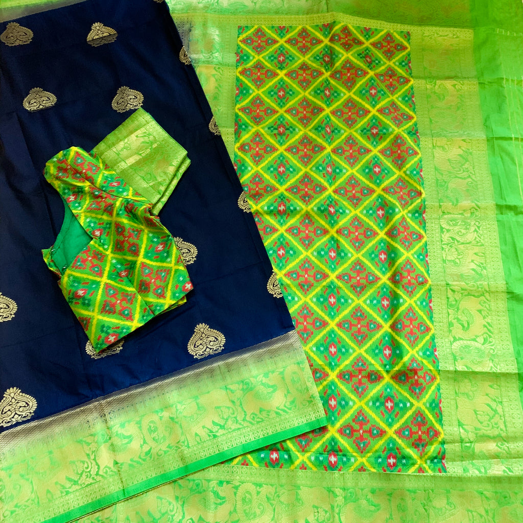 Designer Navy Blue Semi Banarasi Silk Saree with Patola Weaving and parrot Green Border