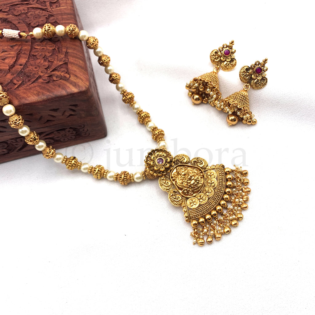 Traditional Pearl Mala Temple Jewelry Necklace set with Lakshmi pendant and Jhumka