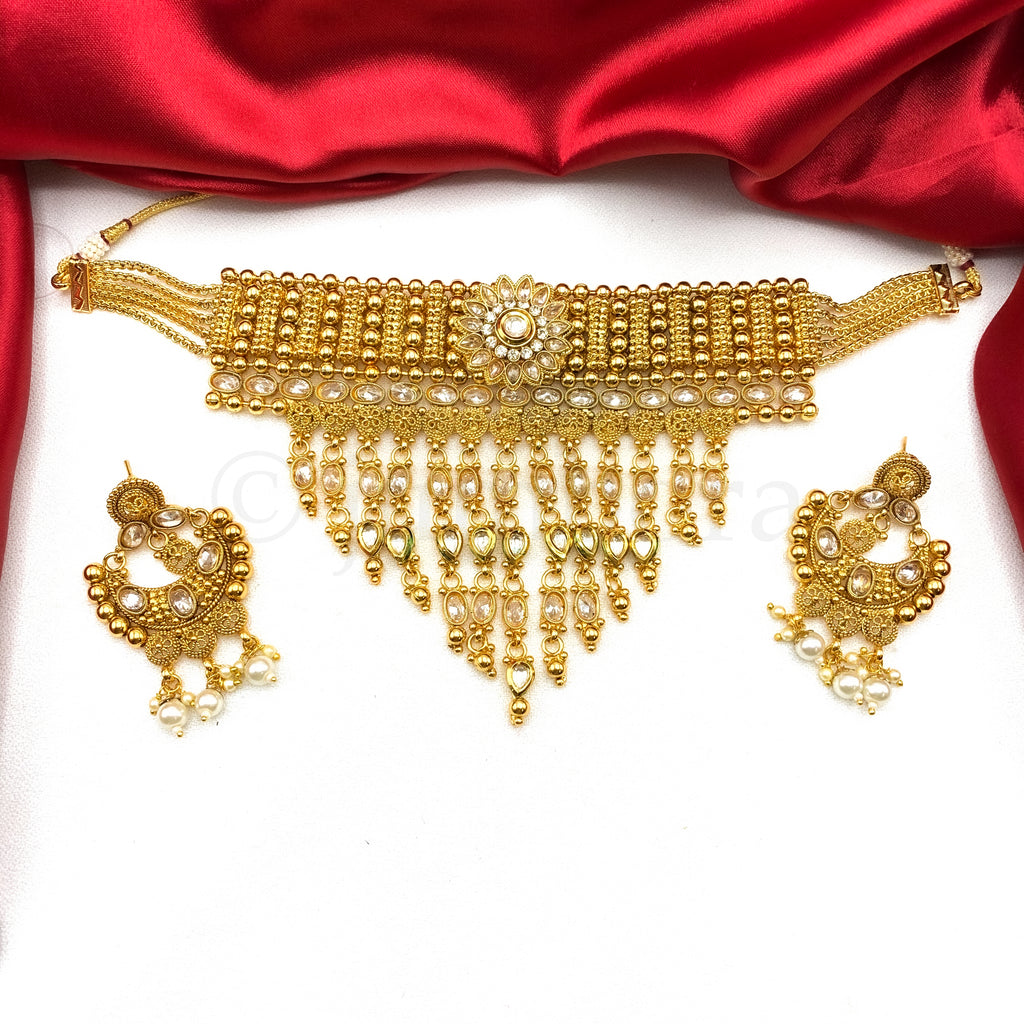 Bridal Royal Antique Gold Kundan Choker Necklace Set with Chaandbali Earring