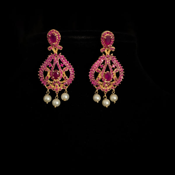 Exquisite Traditional Long Ruby Red Zircon (CZ) Haaram Necklace Set with pearl dangle