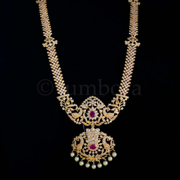 Traditional Bridal Long white Zircon (CZ) Stone Haaram Necklace Set