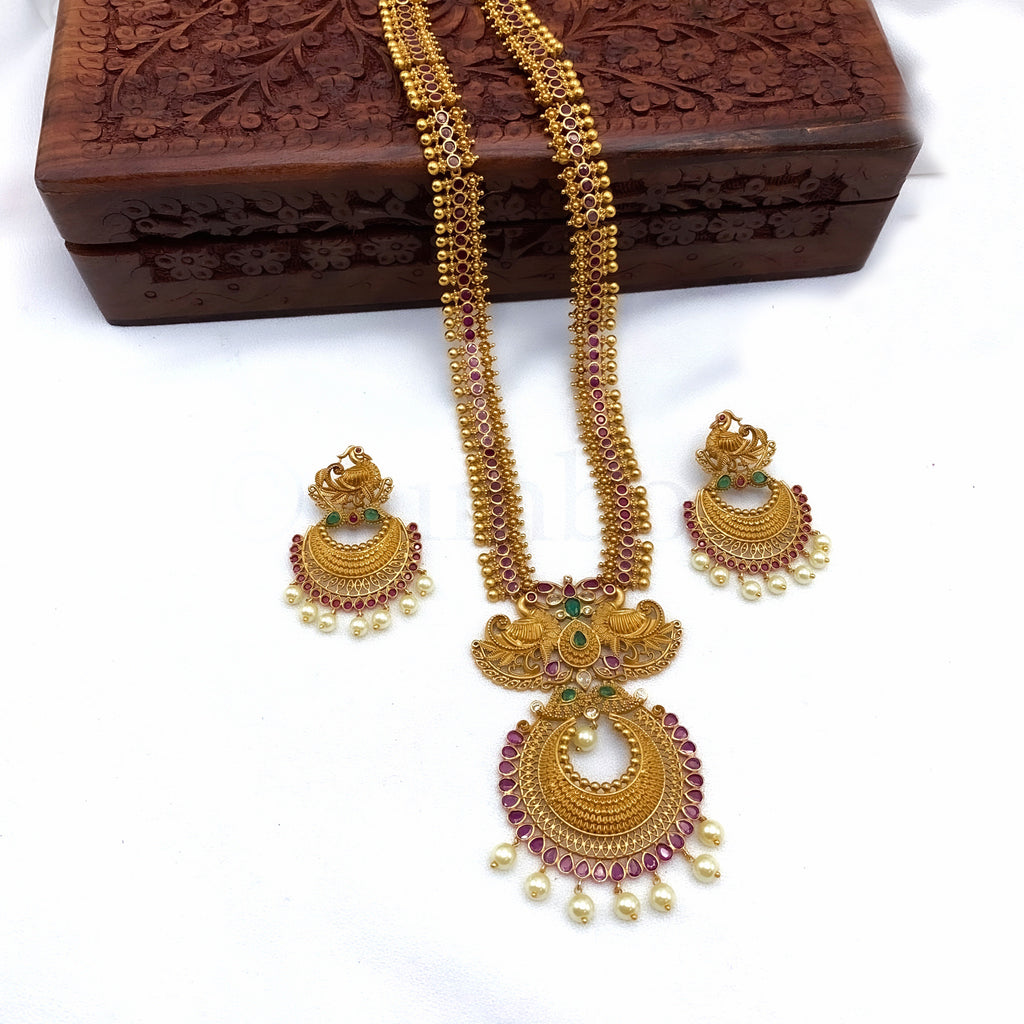 Traditional Long Matte Antique Gold Plated Peacock Haaram Necklace Set