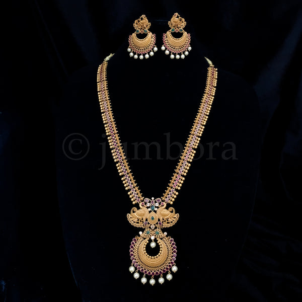 Traditional Long Matte Antique Gold Plated Peacock Haaram Necklace Set