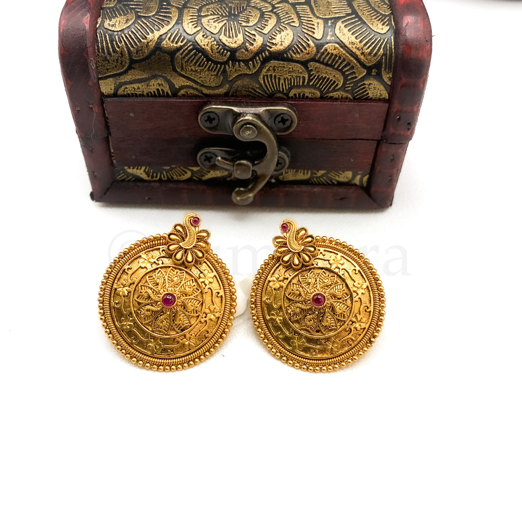 Traditional Antique Matte Gold Plated Stud Earring with Peacock Motif