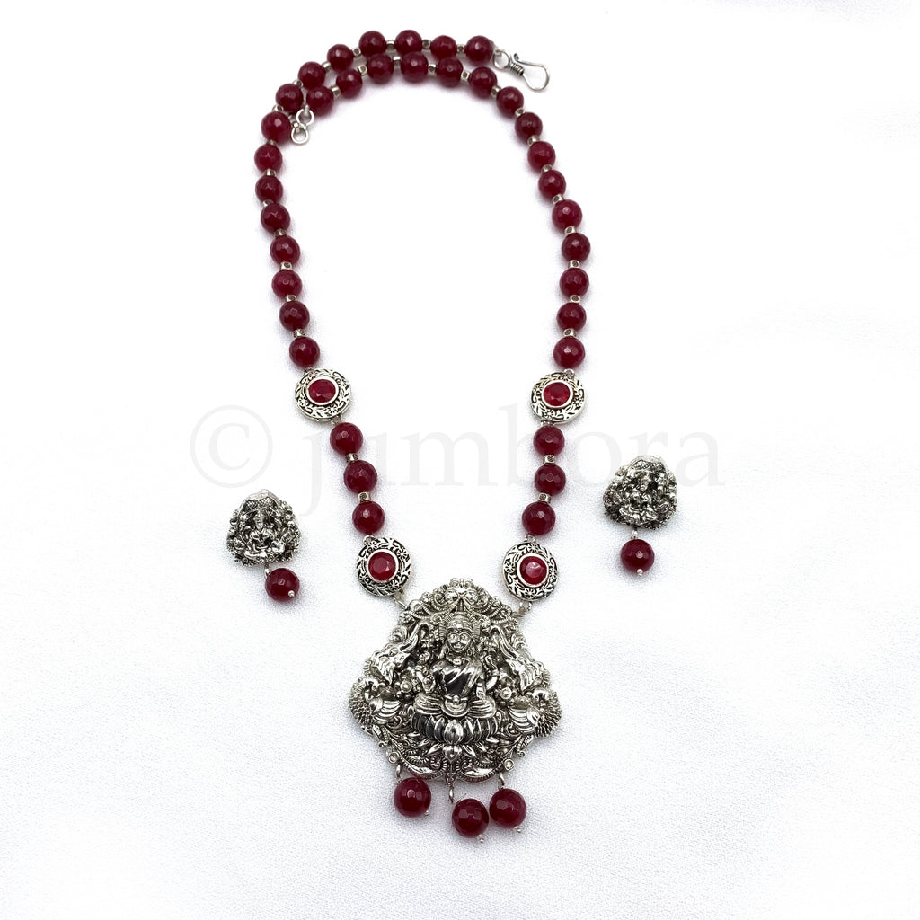 Handmade Lakshmi Oxidized Silver Bead Mala Necklace Set in Agate Maroon Red Beads