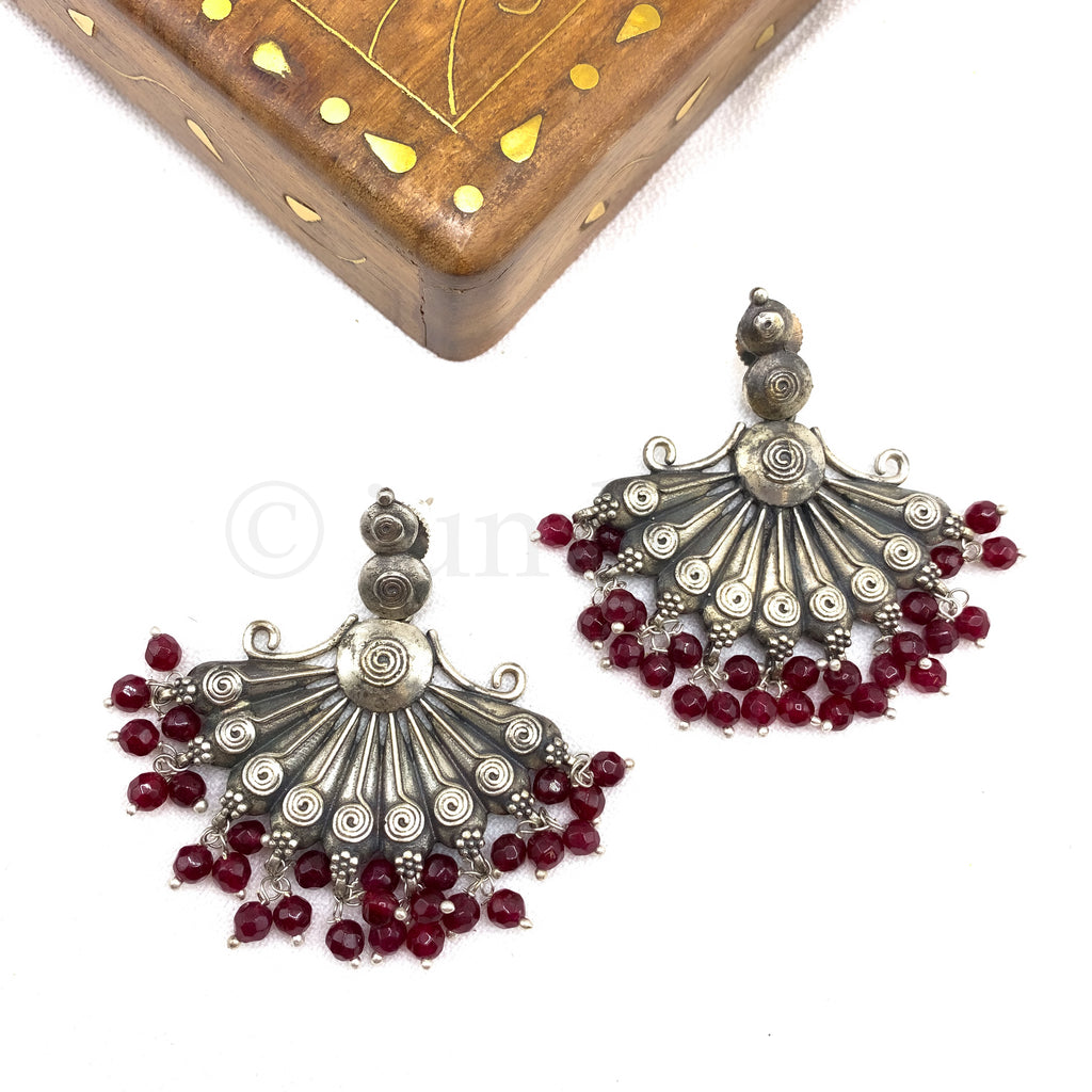 Trendy Unique Design Oxidized Silver Earring with Maroon red beads