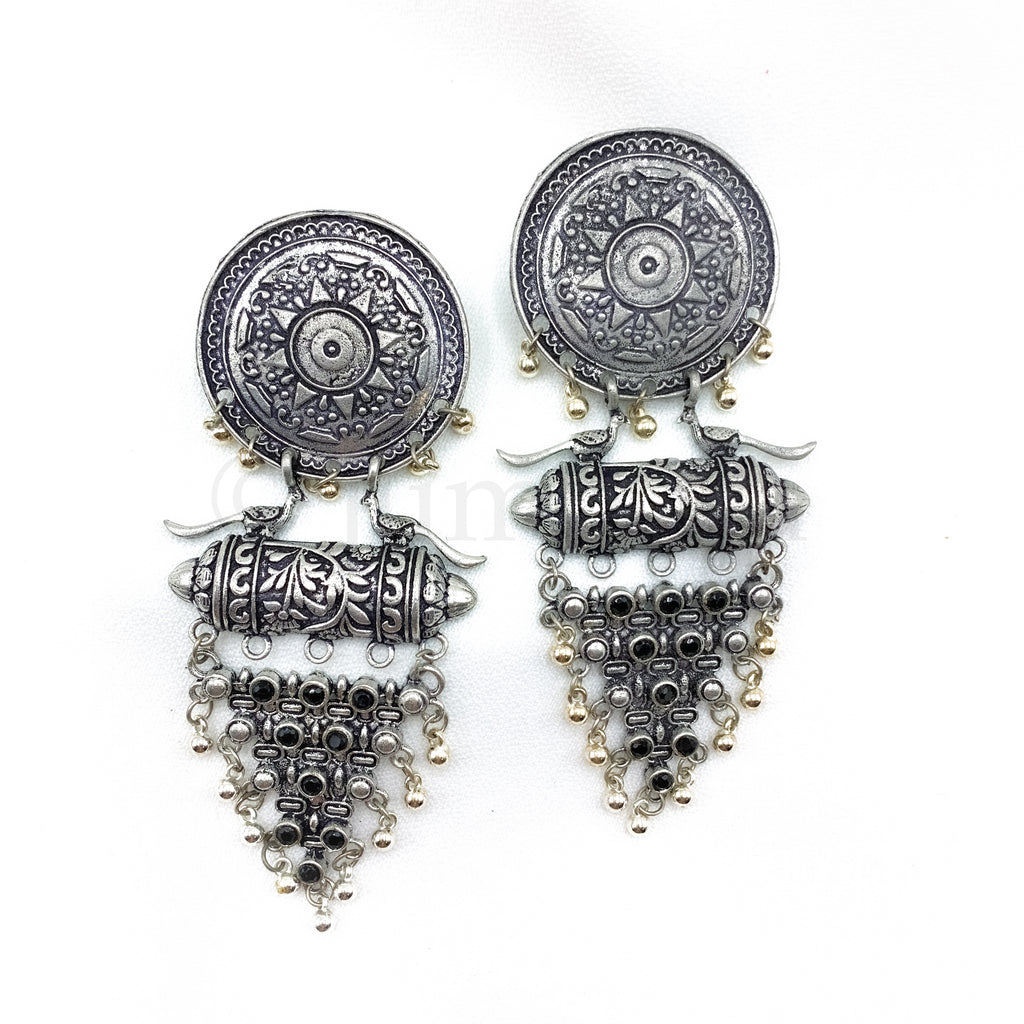 Fashionable Trendy Long Oxidized silver Earring in Chandelier style and Big Stud
