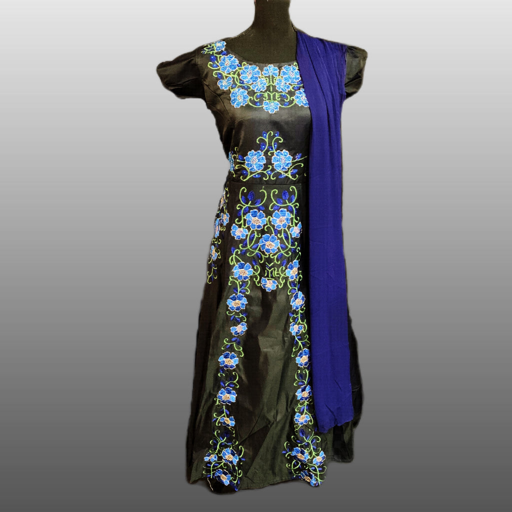 Charming Black Salwar Suit with very Unique Light Blue Floral Embroidery Work