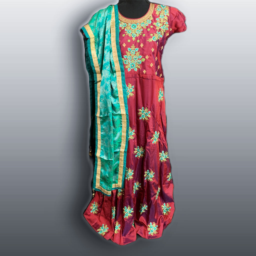 Attractive Maroon Salwar Suit with Blue and Green Floral Embroidery Work