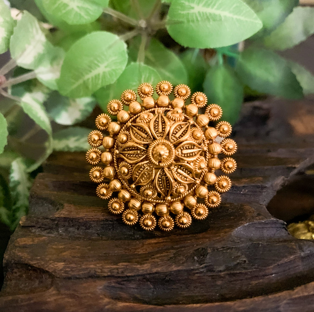 Traditional Antique Gold Adjustable Finger Ring with Flower work